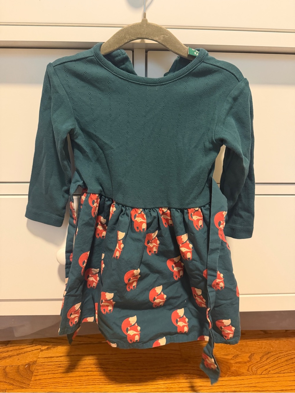 Little Green Radicals Teal Long-Sleeve Dress with Orange Fox Print